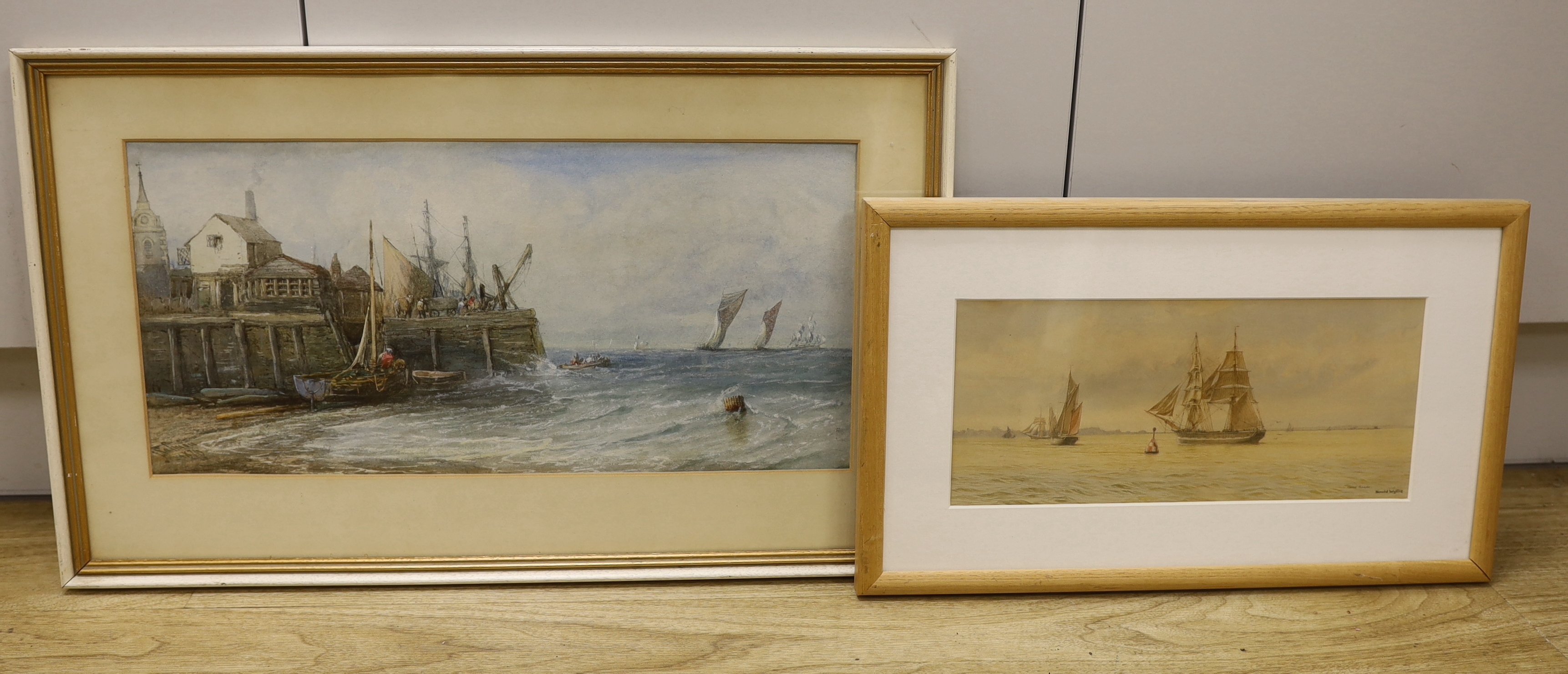 Harold Wyllie (1880-1973), watercolour, 'Cowes roads', together with John Francis Salmon (1808-1886) watercolour, 'Gravesend', each signed, largest 22 x 46cm